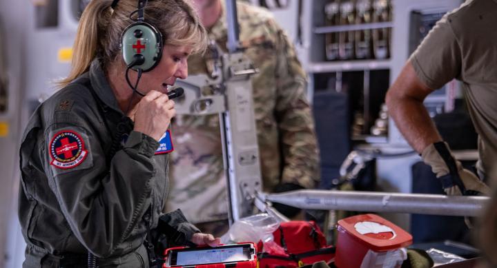 Major Shannan Smith, a flight nurse with the 183rd Aeromedical Squadron, Jackson Mississippi, prepares for medical airlift evacuation training in Gulfport, Mississippi, July 20, 2023.